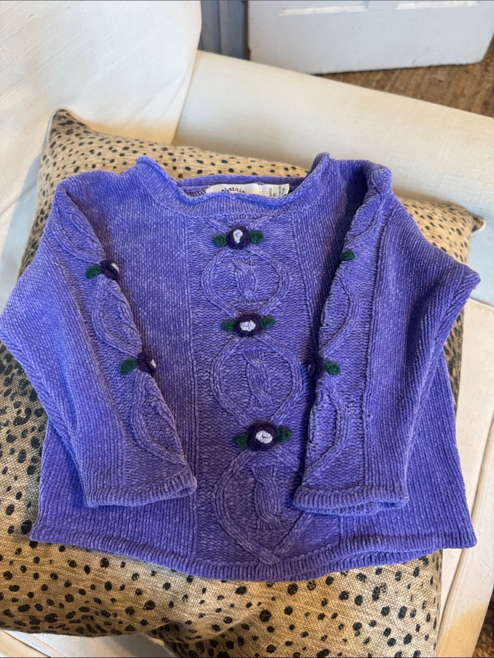 Hartstrings Purple Cable Knit Floral Accent Kids Sweater